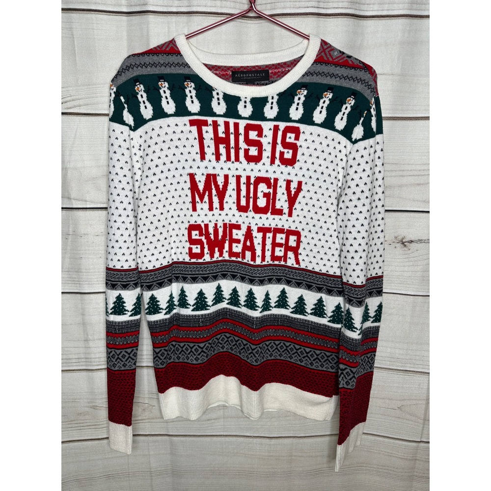 Aeropostale Ugly Sweater Women Medium White Red Holiday Fair Isle Snowman Text
